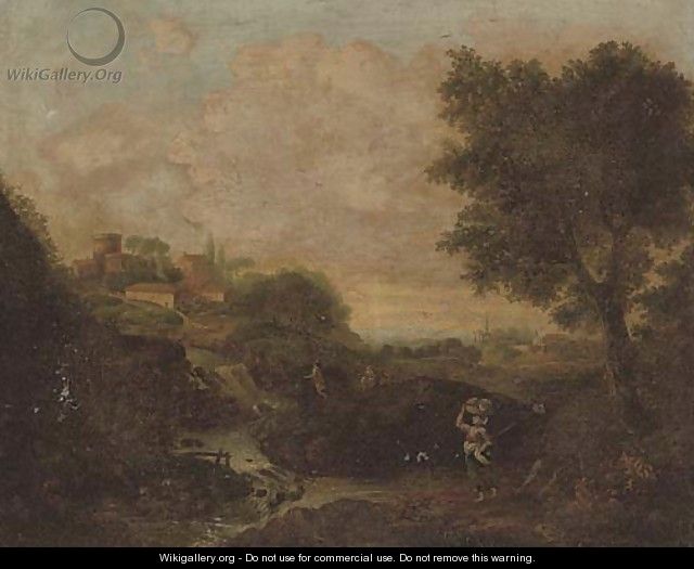 An Italianate river landscape with a woman holding a basket in the foreground, a village beyond - (after) Francesco Zuccarelli