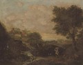 An Italianate river landscape with a woman holding a basket in the foreground, a village beyond - (after) Francesco Zuccarelli
