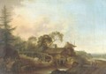 A wooded river landscape with a watermill, figures conversing on a path nearby - (after) Franz Ferg