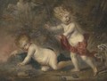 Putti disporting in a wooded clearing, surprised by two dogs - (after) Frans Wouters