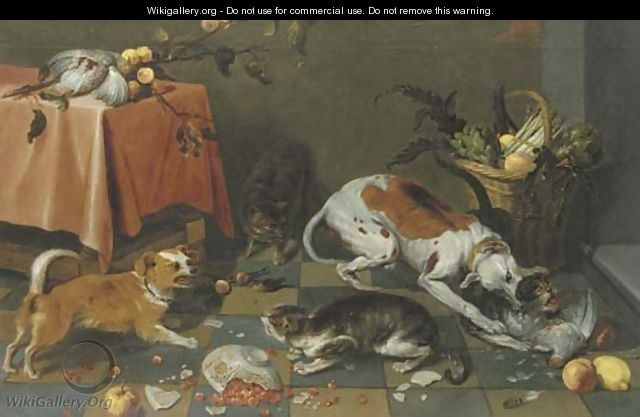 Dogs and cats fighting in a kitchen interior - (after) Frans Snyders