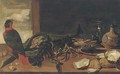 A parrot, a lobster, an artichoke, oysters, a roemer of wine and a flask on a ledge - (after) Frans Snyders