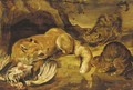 A fox defending its kill from wild cats - (after) Frans Snyders