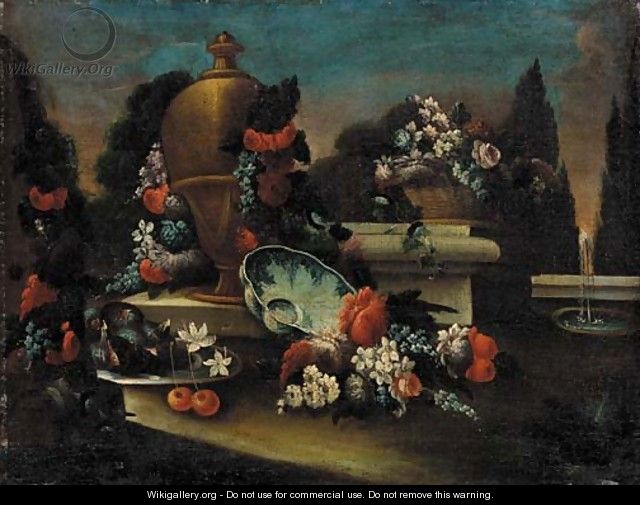 An urn with a garland of flowers, figs, cherries and flowers, in a landscaped park - (after) Gasparo Lopez