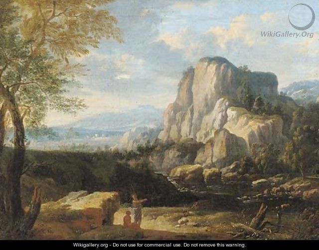 An Italianate landscape with travellers at halt by a river - (after) Gaspard Dughet