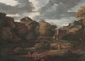 An Italianate landscape with figures on a path, classical buildings beyond - (after) Gaspard Dughet