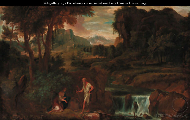 An extensive landscape with a woman and hermit saint by a rocky river - (after) Gaspard Dughet Poussin