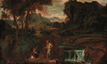 An extensive landscape with a woman and hermit saint by a rocky river - (after) Gaspard Dughet Poussin