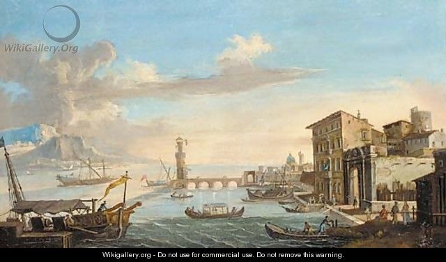 A capriccio of a Mediterranean harbour with a lighthouse - (circle of) Wittel, Gaspar van (Vanvitelli)