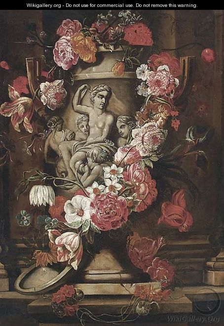 Roses, parrot tulips, morning glory, carnations and other flowers in a sculpted stone vase on a ledge - (after) Caspar Pieter II Verbrugghen