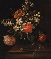 Flowers in a glass vase with a snail on a ledge - (after) Caspar Pieter I Verbrugghen