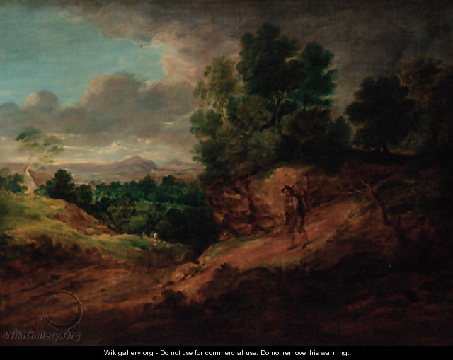 An extensive wooded landscape with figures - (after) Gainsborough Dupont