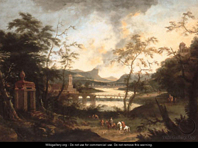 An extensive river landscape with a hunting party on a track - (after) Dirck Maas