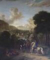 A hawking party in a wooded landscape with a villa by a lake beyond - (after) Dirck Maas