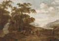 A wooded landscape with travellers by a waterfall, a river valley beyond - (after) Dionys Verburgh