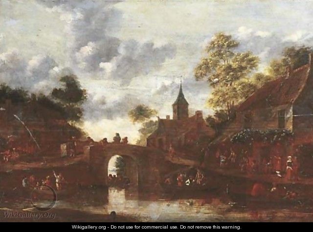 A village landscape with figures in rowing boats on a river - (after) Dionys Verburgh