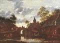 A village landscape with figures in rowing boats on a river - (after) Dionys Verburgh