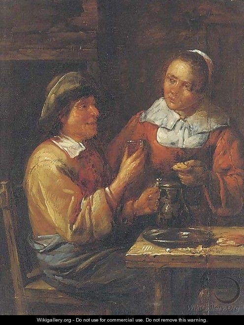 A peasant couple eating in an interior - (after) Egbert Van Heemskerck