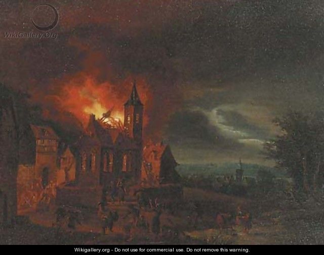 A nocturnal townscape with a church on fire - (after) Egbert Van Der Poel