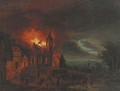 A nocturnal townscape with a church on fire - (after) Egbert Van Der Poel