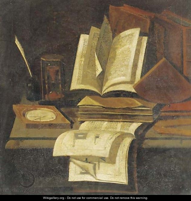 Books, an hourglass, a quill and ink pot and a compass on a table - (after) Edwart Collier