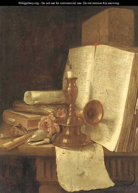 A brass candlestick, books, roses and shells on a table - (after) Edwart Collier