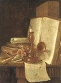 A brass candlestick, books, roses and shells on a table - (after) Edwart Collier