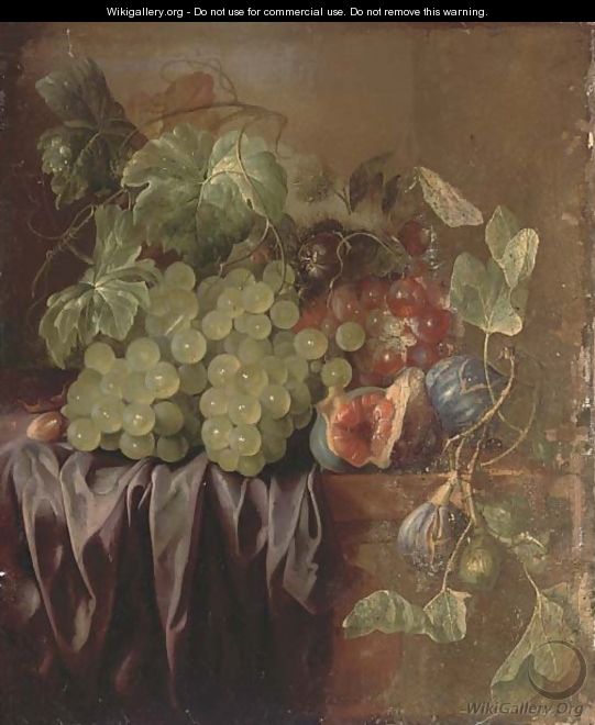 Grapes, figs, an acorn and a drape on a ledge - (after) Edward Ladell