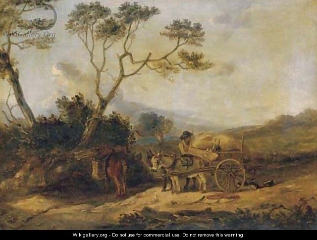 A peasant loading wood on to a donkey cart - (after) Edmund Bristow