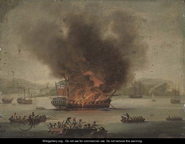 A frigate ablaze offshore - (after) Dominic Serres