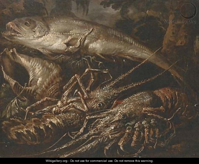 Two lobsters, a salmon and shells on a forest floor - (after) Felice Boselli