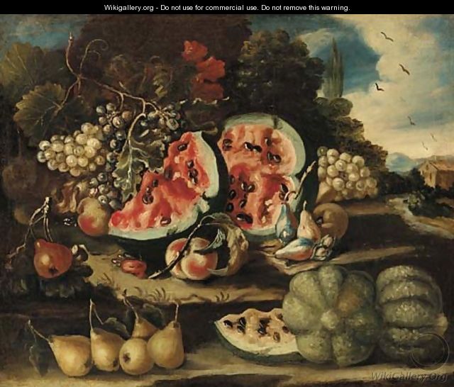 Melons, pears, grapes and apples on a bank - (after) Felice Boselli