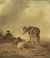 A pastoral landscape with a traveller and his donkey resting by two sheep - (after) Eugene Joseph Verboeckhoven