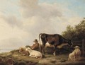 A drover and his flock on a hillside - (after) Eugene Joseph Verboeckhoven