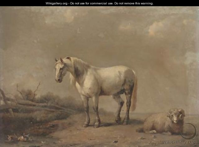 A horse and ram at the farm pond - (after) Eugene Joseph Verboeckhoven