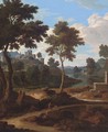 An extensive Italianate river landscape with two men resting on a bridge - (after) Etienne Allegrain
