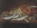 Herrings, oysters and an earthenware dish on a ledge - (after) Elena Recco