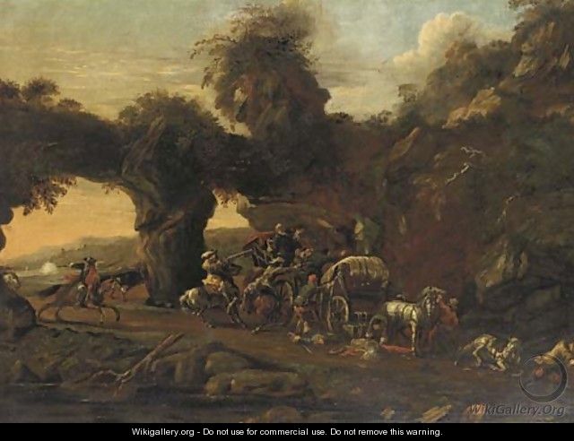 Travellers ambushed by brigands on a mountainous pass - (after) Francesco Giuseppe Casanova