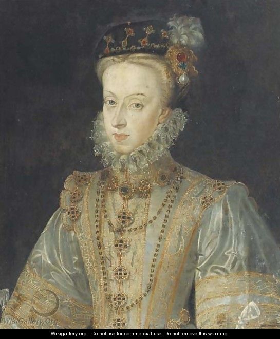 Portrait of Maria of Austria, half-length, in a silver silk dress - (after) Clouet, Francois