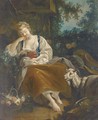 A shepherdess resting in a wooded clearing with a basket of mixed flowers and a goat nearby - (after) Francois Boucher
