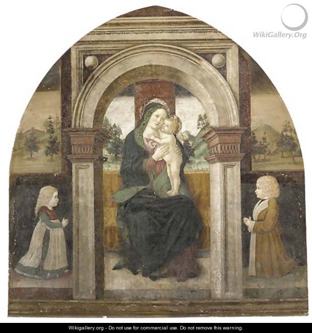 The Madonna and Child Enthroned, with two youthful donors, a landscape beyond - (after) Floriano Ferramola