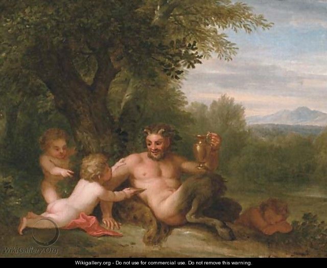 A wooded landscape with a satyr and two putti - (after) Filippo Lauri