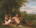 A wooded landscape with a satyr and two putti - (after) Filippo Lauri
