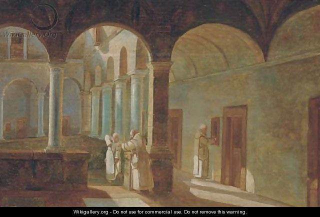 Monks in a sunlit cloister - (after) Ferdinand Marie Delvaux