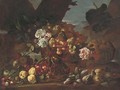 Cherries, figs, and roses in a glass bowl with apples, figs and cherries on a ledge in a clearing - (after) Felice Rubbiani