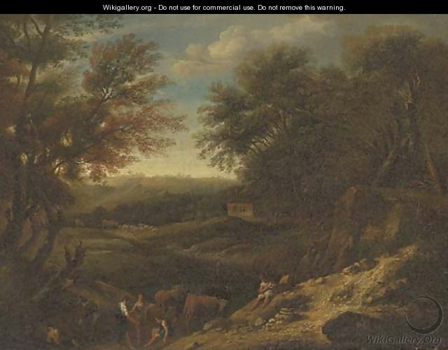 A wooded landscape with drovers and cattle at rest by a pond - (after) Christian Hilfgott Brand