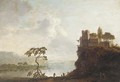 A river landscape with a hilltop village and anglers in the foreground - (after) Christian Hilfgott Brand