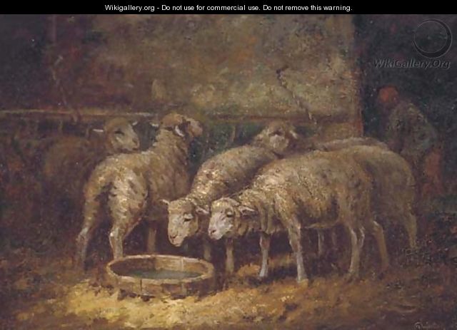 Sheep watering in a stable - (after) Charles Emile Jacque