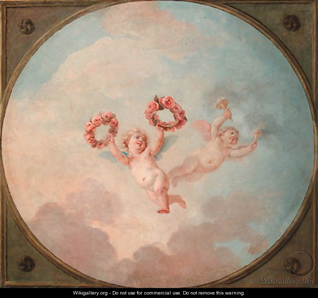 Putti desporting with a garland of flowers and flaming torches - (after) Charles-Dominique-Joseph Eisen