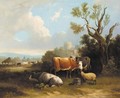 Cattle and sheep resting in a landscape, a castle beyond - (after) Charles Towne